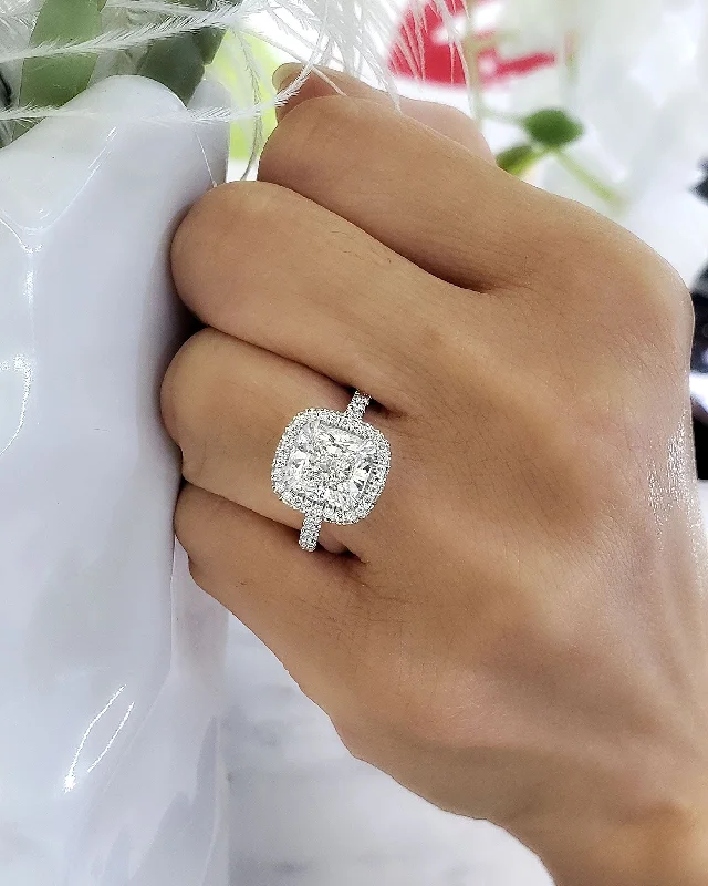 women classic solitaire engagement rings -4.50 Ctw. Hidden Halo & Cushion Halo Engagement Ring Set J Color VS1 GIA Certified