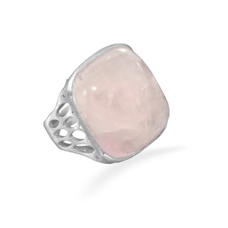 women gemstone cocktail rings -Rose Dyed Quartz Square Ring Open Sides Satin Finish Rhodiium on Sterling Silver