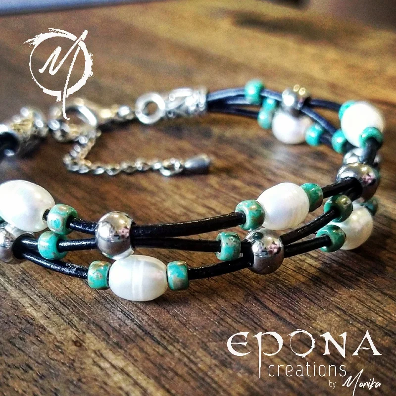 women trendy bracelets -Freshwater Pearl and Sea Green Glass Beaded Leather Bracelet