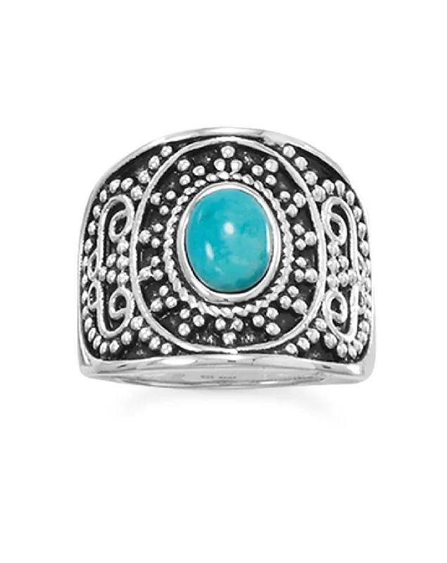 women anniversary rings -Reconstituted Turquoise Ring with Antiqued Bead Design Sterling Silver