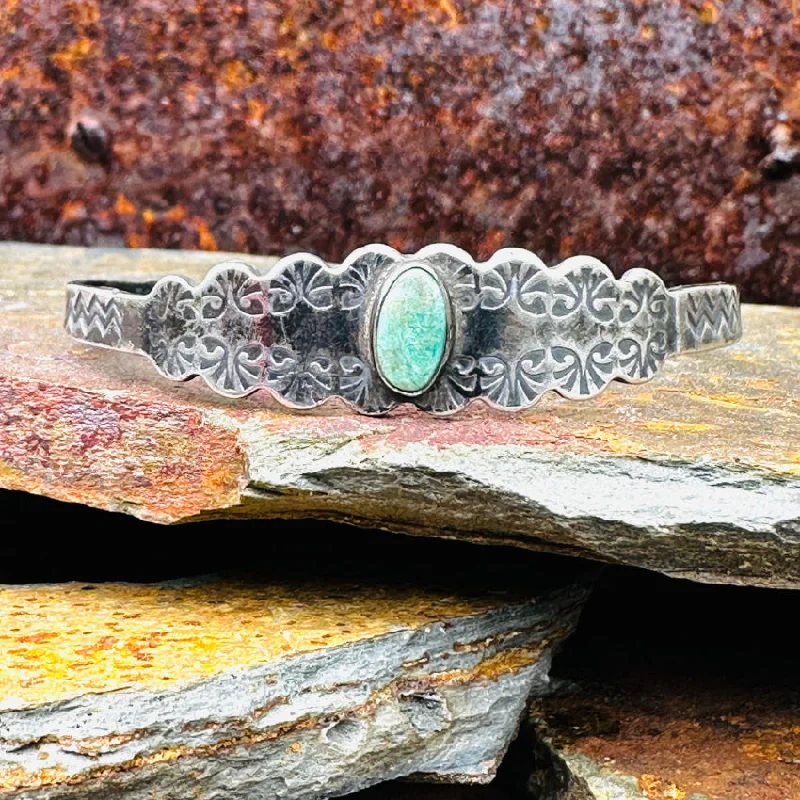 women stackable bangles -Old Navajo Wrought Silver & Turquoise Cuff Bracelet