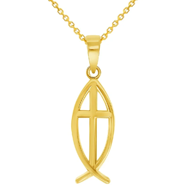 women one-of-a-kind necklaces -14k Yellow Gold Ichthus Cross Charm Christian Fish Symbol Pendant Necklace