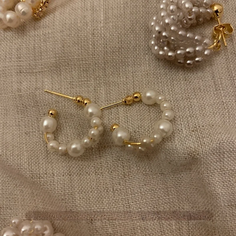 women statement earrings -Gold and Pearl Beaded Hoop Earrings  jlt11767