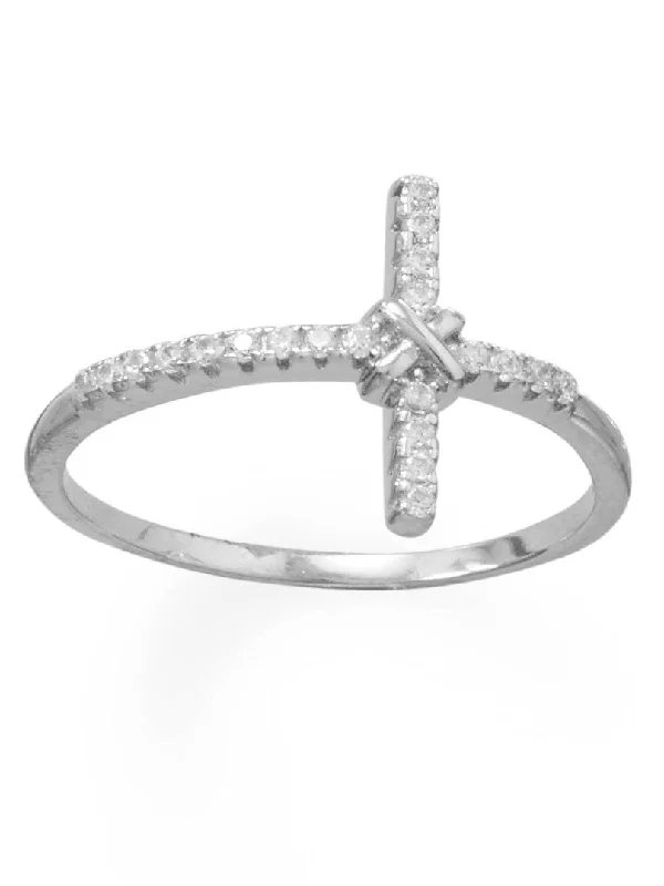 women platinum rings -Sideways Cross Ring with X Center Cubic Zirconia Rhodium on Sterling Silver