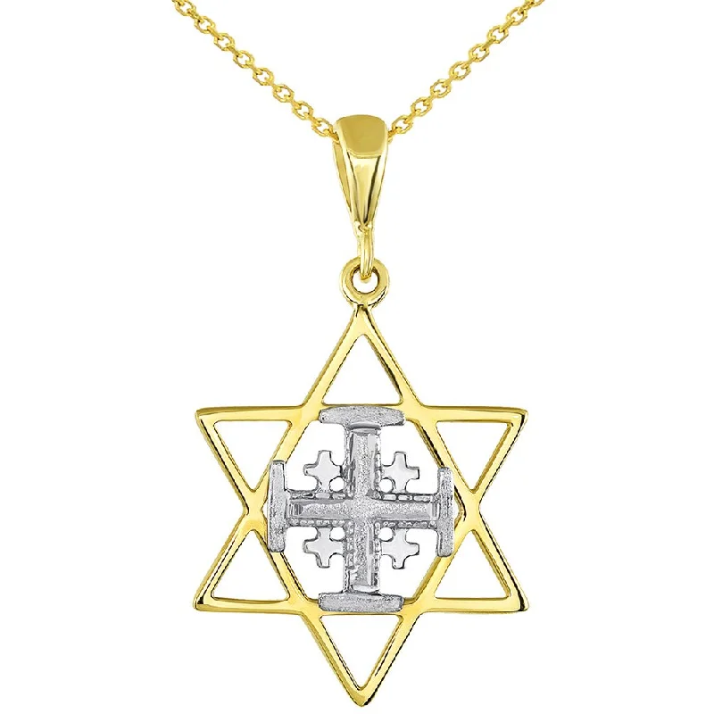 women chic statement necklaces -Solid 14K Two Tone Gold Star of David and Jerusalem Cross Pendant With Cable, Curb or Figaro Chain Necklace