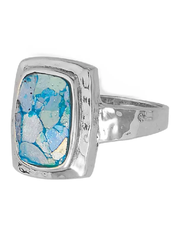 women mixed metal rings -Ancient Roman Glass Ring Hammered Sterling Silver Rectangle Shape