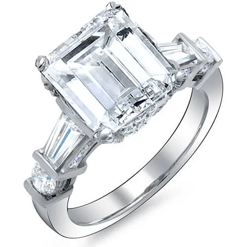 women rose gold diamond engagement rings -4.00 Ct Emerald Cut, Baguettes with Pave Diamond Ring H Color VS1 GIA Certified