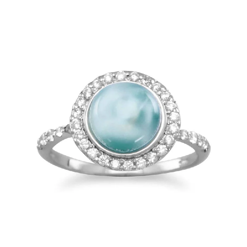 women gold rings -Larimar Ring with Cubic Zirconia Halo Rhodium on Sterling Silver - Nontarnish