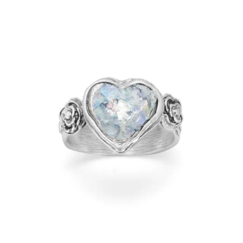 women classic wedding bands -Ancient Roman Glass Ring Heart and Flower Design Sterling Silver