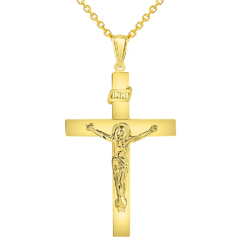 women elegant necklaces -14k Yellow Gold 4mm Thick INRI Tubular Cross Roman Catholic Crucifix Pendant With Cable, Curb or Figaro Chain Necklace