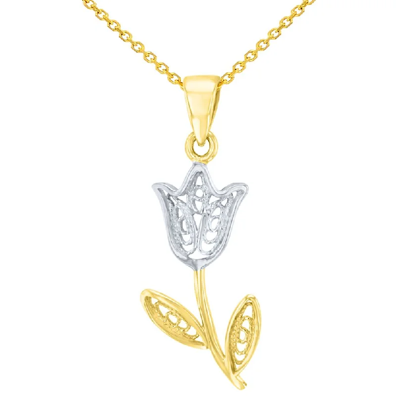 women chunky necklaces -14K Yellow Gold Filigree Tulip Flower Pendant With Cable, Curb or Figaro Chain Necklace