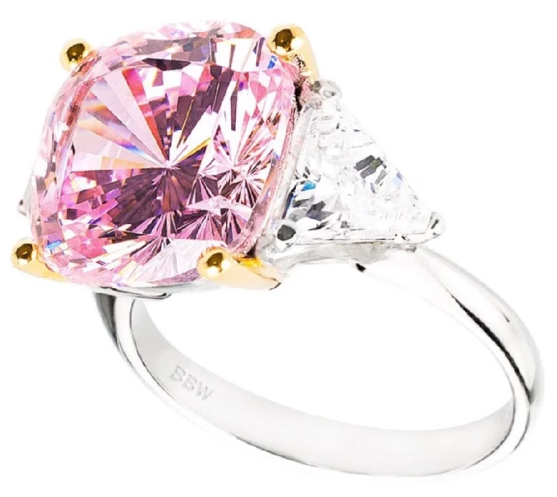 women dainty rings -Sterling Silver Fancy Light Pink Radiant Cushion & Clear Trillion Ring with 18 KGP Prongs