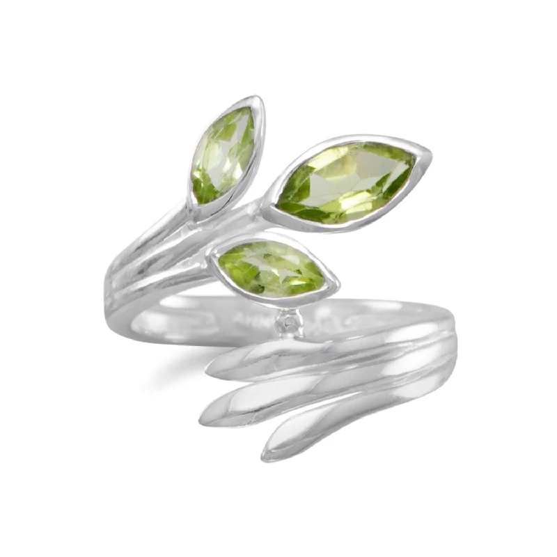 women birthstone rings -Peridot 3-stone Ring with Marquise Shape Stones Fan Design Sterling Silver