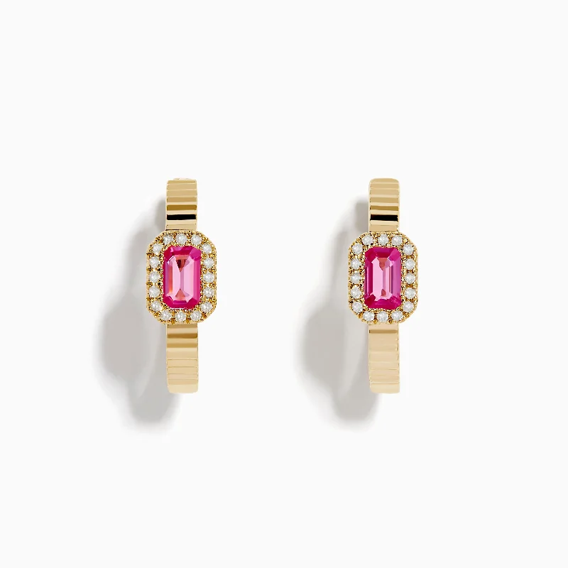 women elegant earrings -14K Yellow Gold Pink Sapphire and Diamond Hoop Earrings