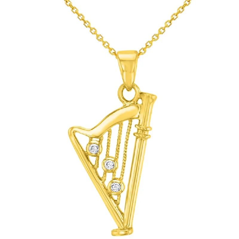 women chic long necklaces -Solid 14K Yellow Gold CZ Harp Charm Musical Instrument Pendant With Cable, Curb or Figaro Chain Necklace