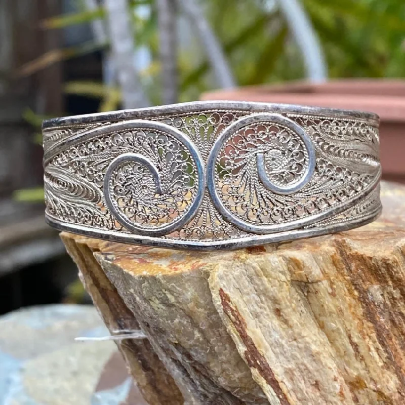 women luxury bracelets -Vintage Sterling Silver Filigree Cuff Bracelet