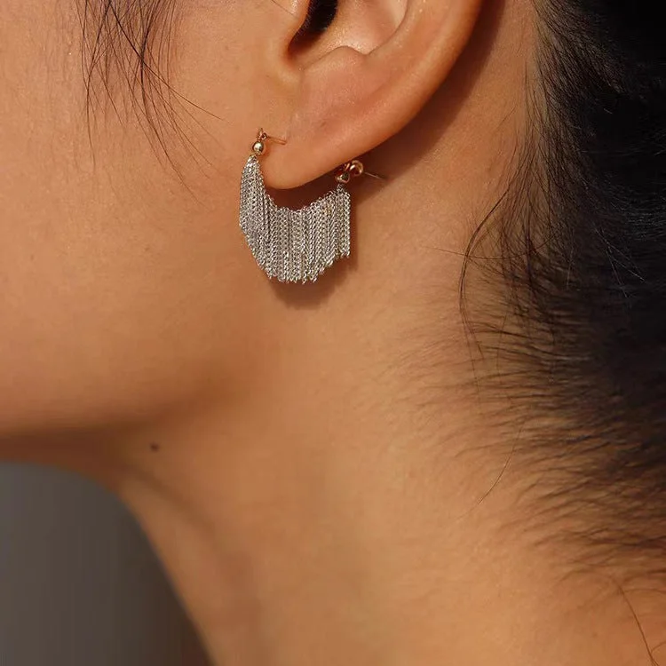 women rose gold earrings -Silver Fringe Chain Earrings with Gold Accent jlt11658